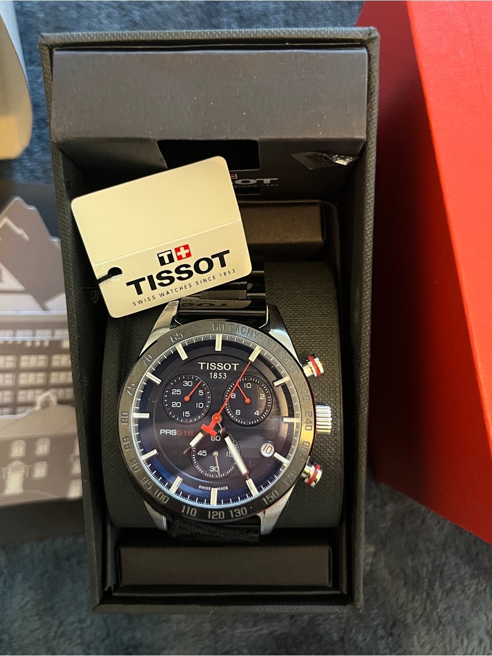 Tissot PRS 516 Chronograph Watch 42mm -Blue Face Red Accents -Black Steel -NEW!!